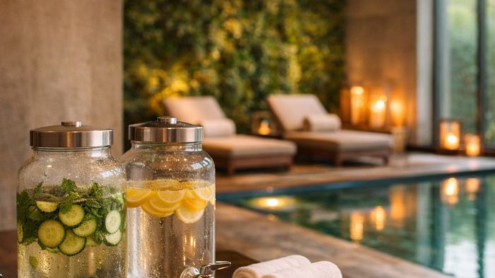 Poolside spa setting with infused water