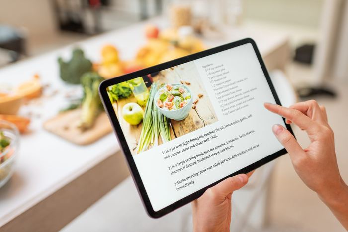 Nutrition guide and recipe content on a tablet
